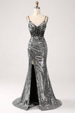Black Sparkly Mermaid Spaghetti Straps Corset Ball Dress with Slit