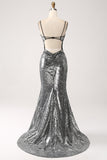 Black Sparkly Mermaid Spaghetti Straps Corset Ball Dress with Slit