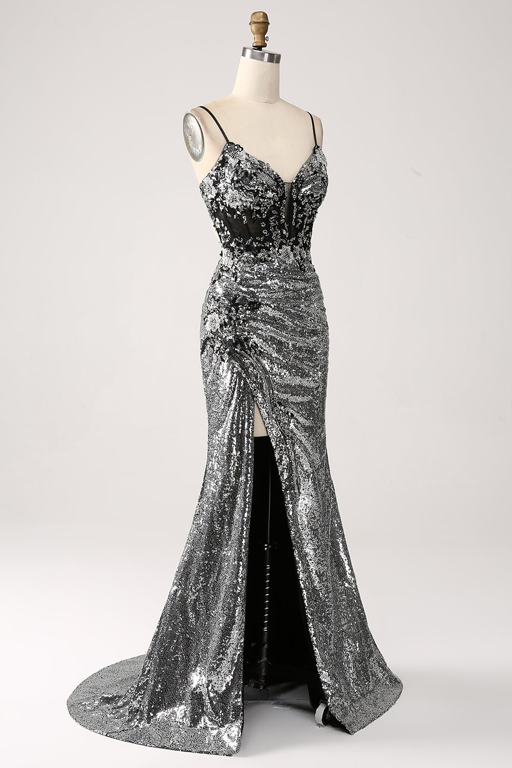 Black Sparkly Mermaid Spaghetti Straps Corset Ball Dress with Slit