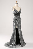 Black Sparkly Mermaid Spaghetti Straps Corset Ball Dress with Slit