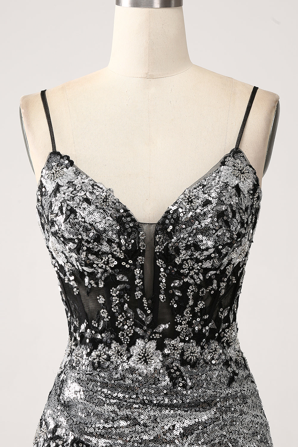 Black Sparkly Mermaid Spaghetti Straps Corset Ball Dress with Slit