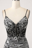 Black Sparkly Mermaid Spaghetti Straps Corset Ball Dress with Slit