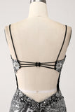 Black Sparkly Mermaid Spaghetti Straps Corset Ball Dress with Slit