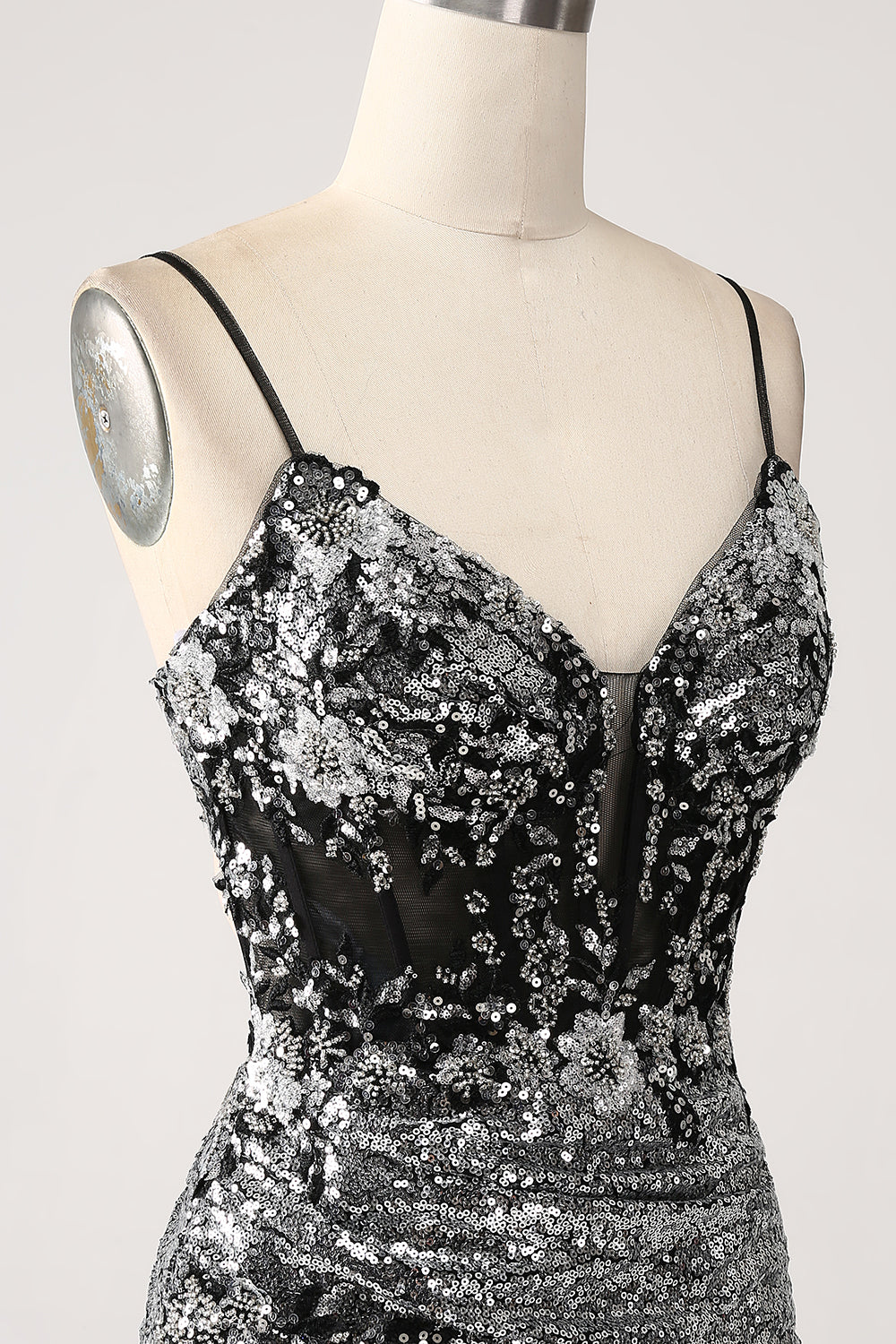Black Sparkly Mermaid Spaghetti Straps Corset Ball Dress with Slit