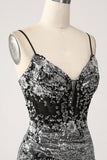 Black Sparkly Mermaid Spaghetti Straps Corset Ball Dress with Slit