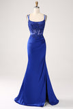 Royal Blue Mermaid Corset Beaded Long Ball Dress with Slit