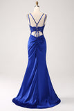 Royal Blue Mermaid Corset Beaded Long Ball Dress with Slit
