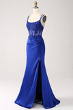 Royal Blue Mermaid Corset Beaded Long Ball Dress with Slit