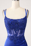 Royal Blue Mermaid Corset Beaded Long Ball Dress with Slit