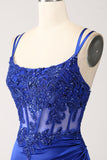 Royal Blue Mermaid Corset Beaded Long Ball Dress with Slit