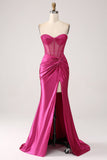 Fuchsia Mermaid Sweetheart Pleated Long Corset Satin Ball Dress with Slit