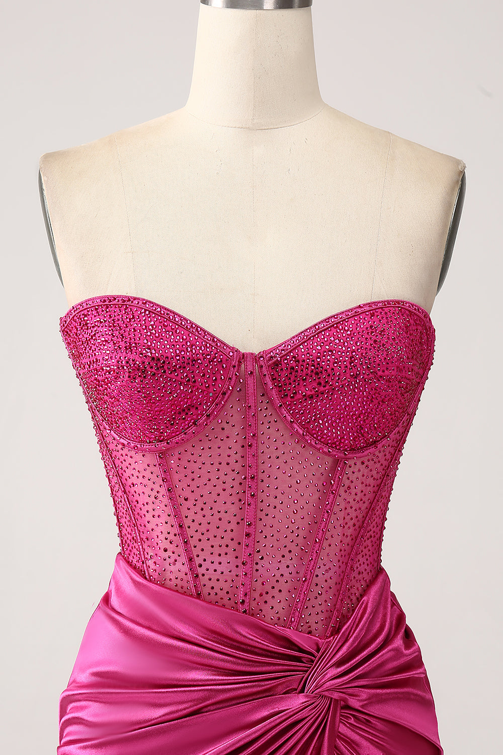 Fuchsia Mermaid Sweetheart Pleated Long Corset Satin Ball Dress with Slit