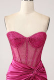 Fuchsia Mermaid Sweetheart Pleated Long Corset Satin Ball Dress with Slit