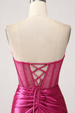 Fuchsia Mermaid Sweetheart Pleated Long Corset Satin Ball Dress with Slit