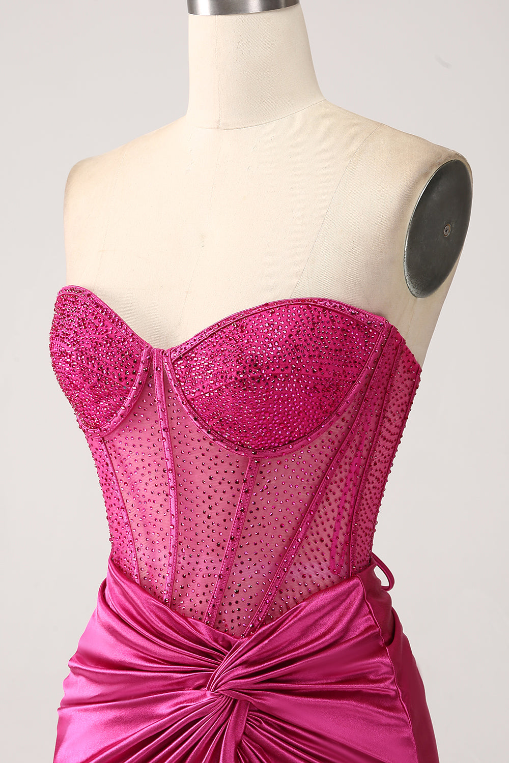 Fuchsia Mermaid Sweetheart Pleated Long Corset Satin Ball Dress with Slit