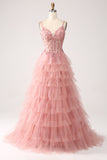 Blush A-Line Spaghetti Straps Tiered Tulle Corset Long Ball Dress