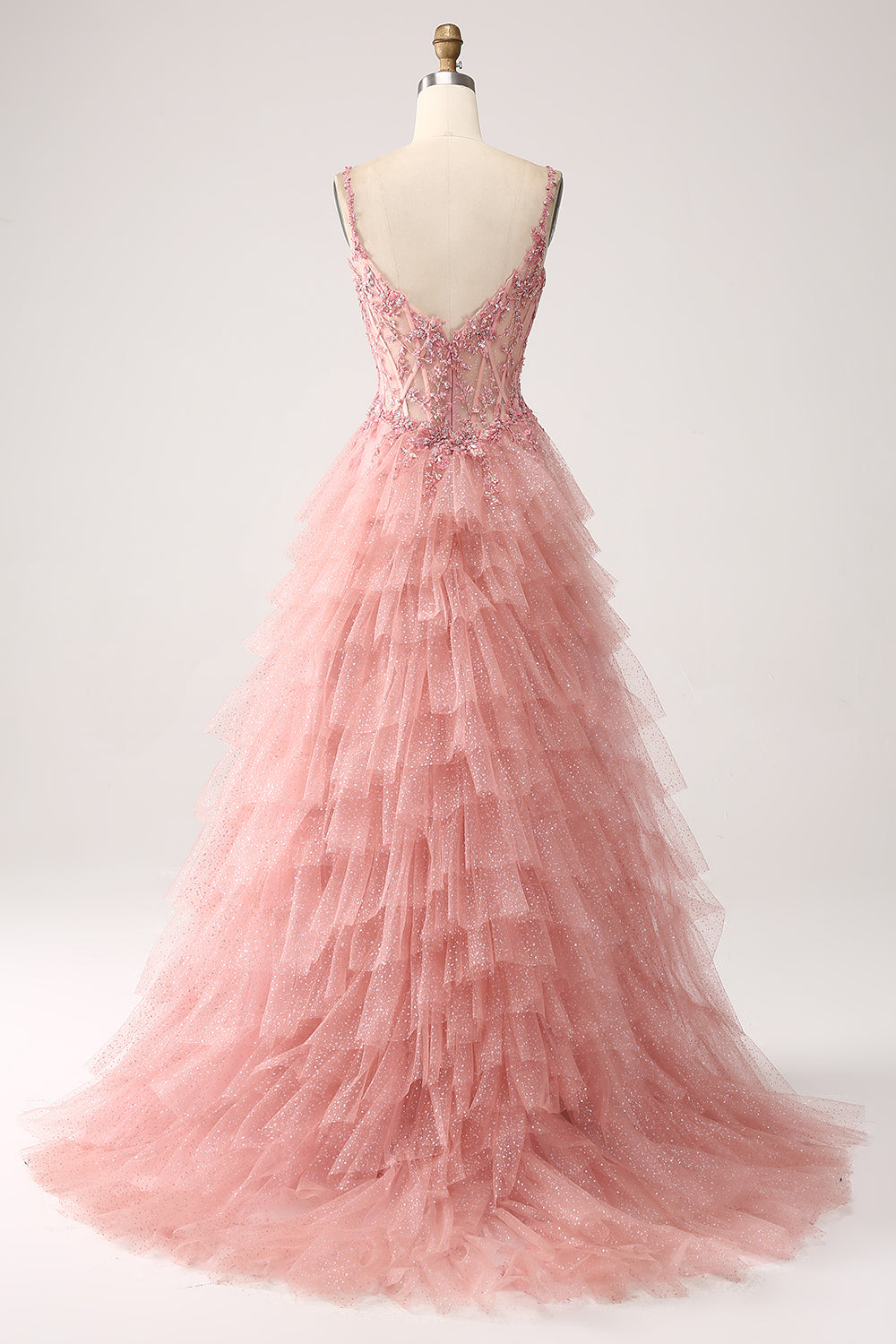 Blush A-Line Spaghetti Straps Tiered Tulle Corset Long Ball Dress