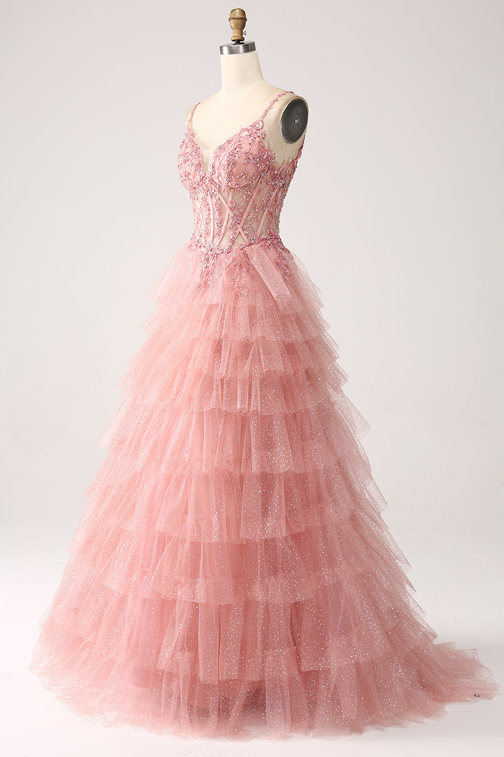 Blush A-Line Spaghetti Straps Tiered Tulle Corset Long Ball Dress