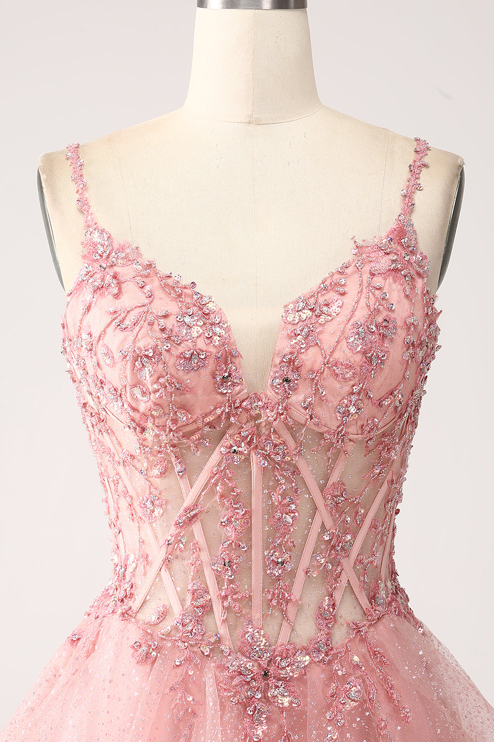 Blush A-Line Spaghetti Straps Tiered Tulle Corset Long Ball Dress