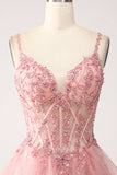 Blush A-Line Spaghetti Straps Tiered Tulle Corset Long Ball Dress
