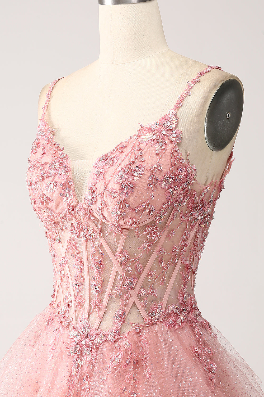 Blush A-Line Spaghetti Straps Tiered Tulle Corset Long Ball Dress