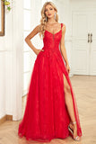 A Line Spaghetti Straps Red Long Ball Dress with Appliques