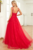 A Line Spaghetti Straps Red Long Ball Dress with Appliques