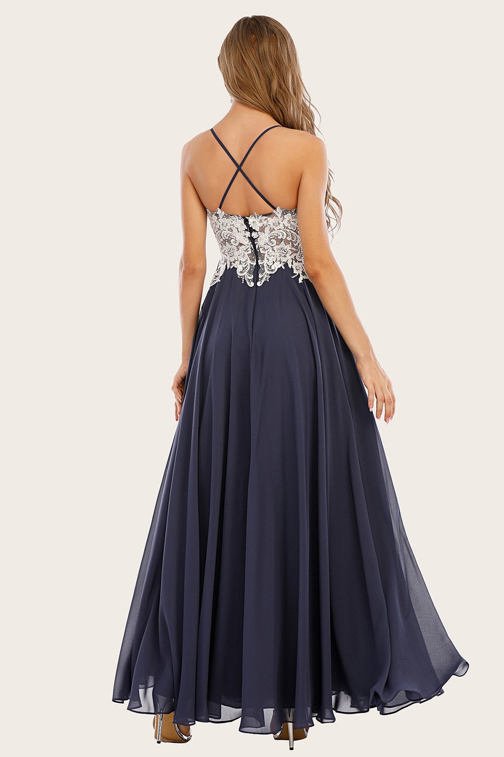 White-Navy Appliqued V-Neck Split Long Empire Ball Dress
