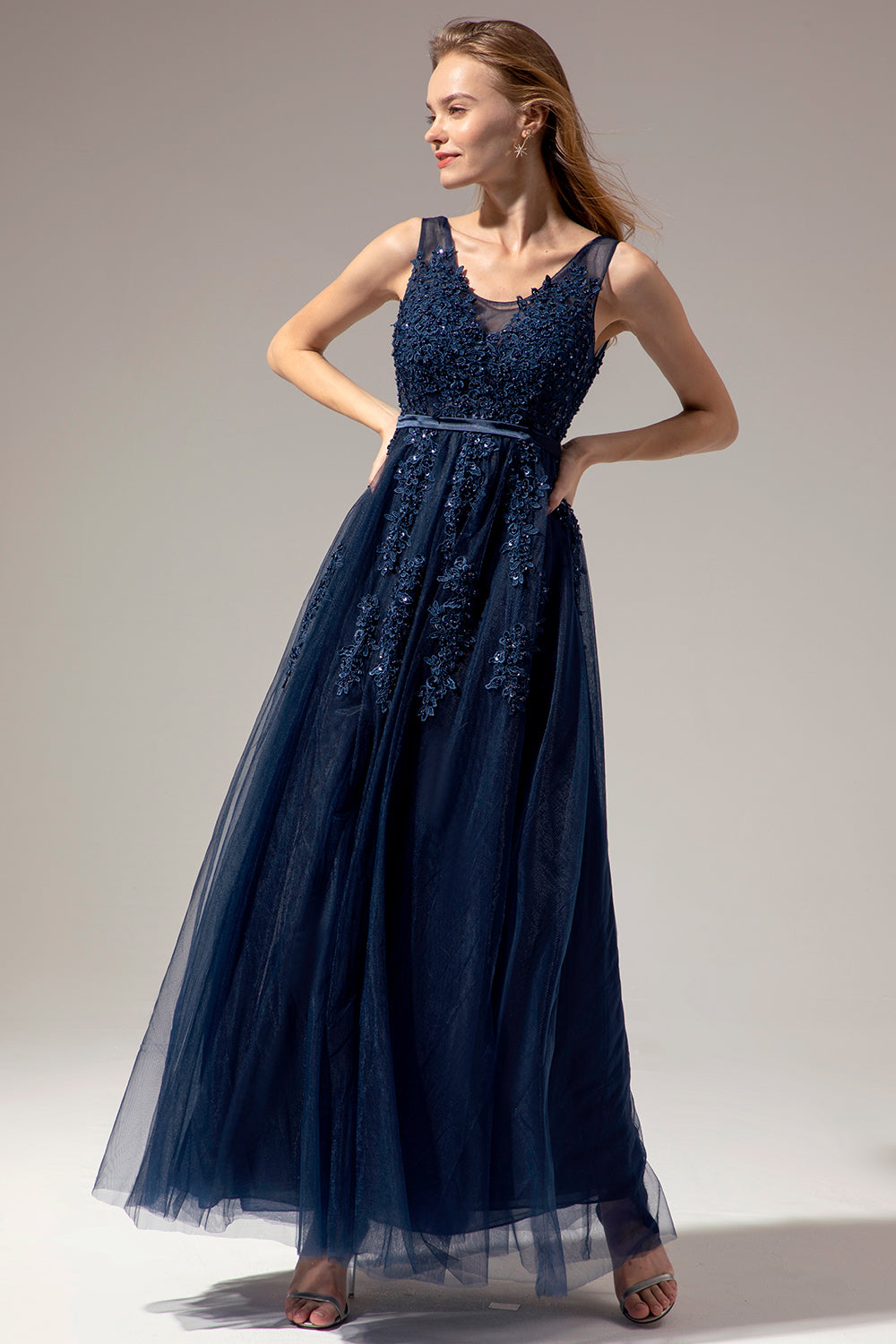 Grey Appliques Long Ball Dress
