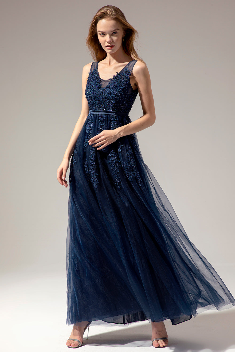 Grey Appliques Long Ball Dress