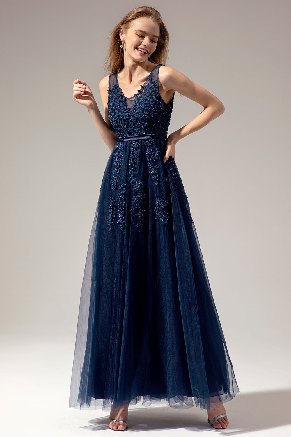 Grey Appliques Long Ball Dress