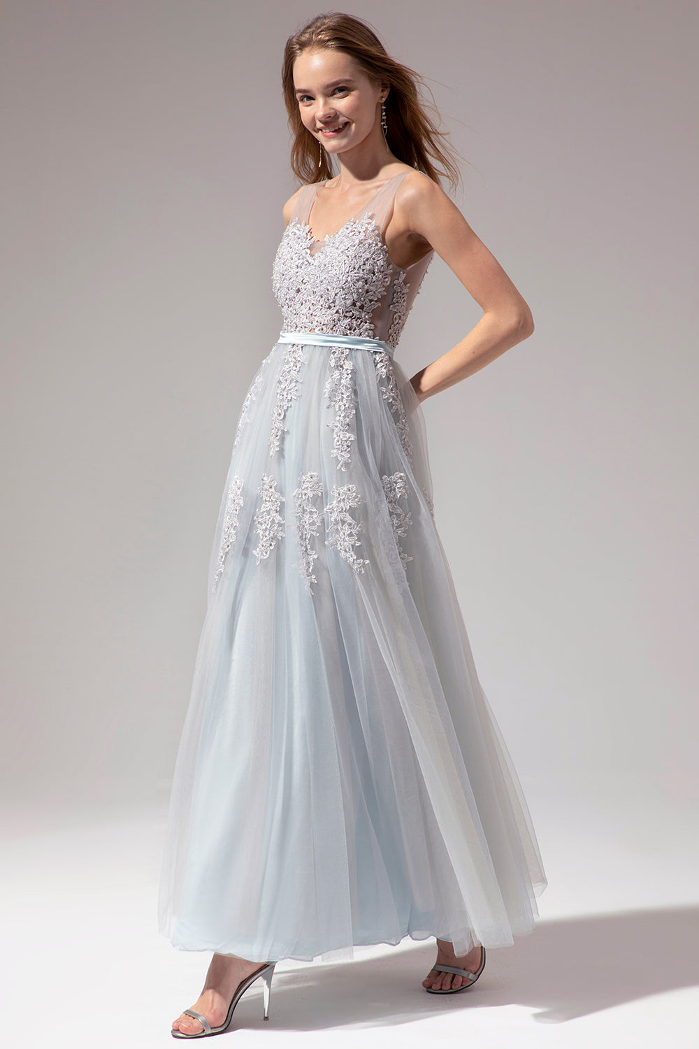 Grey Appliques Long Ball Dress