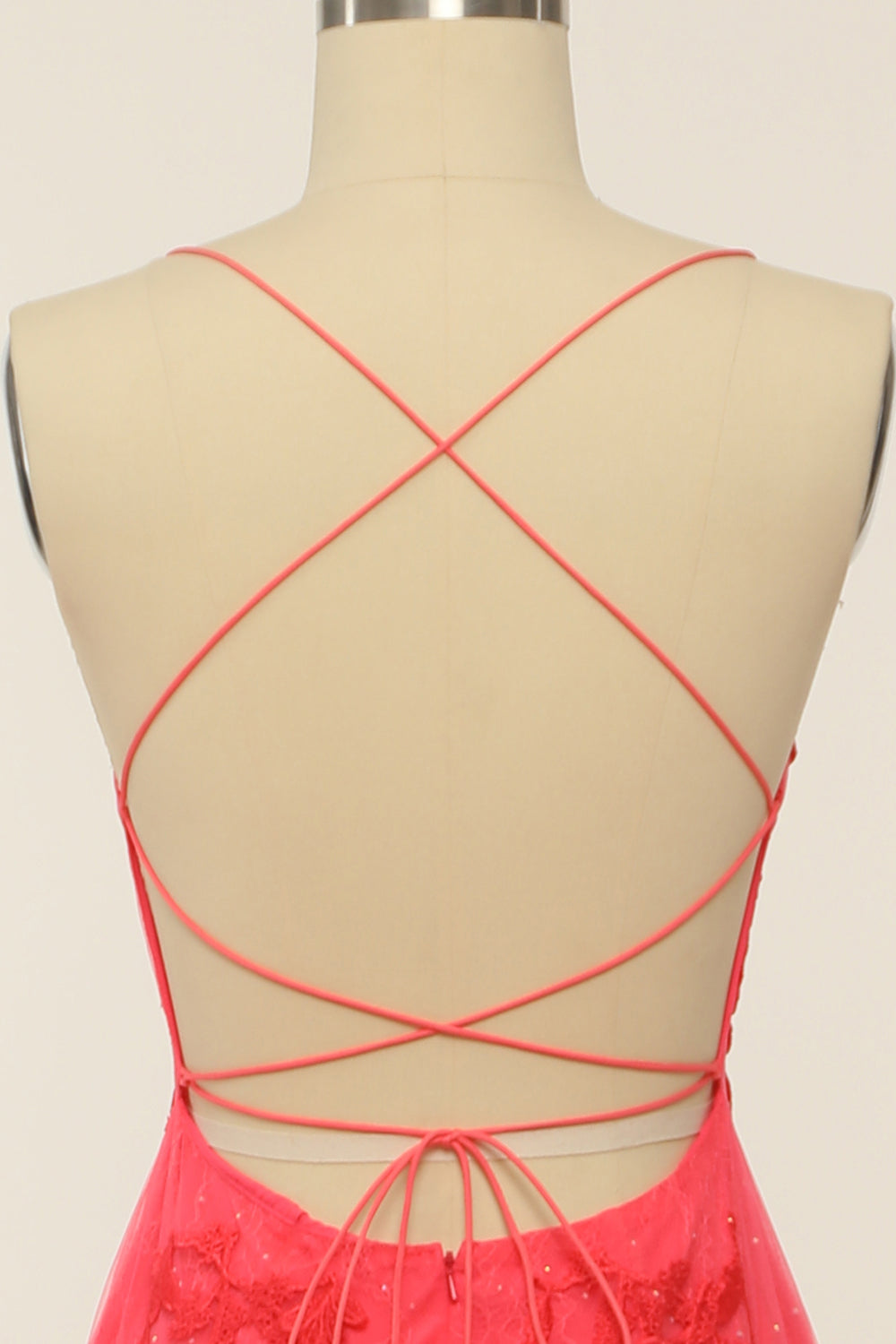Coral Backless Long Ball Dress with Appliques