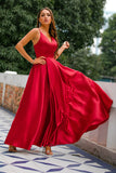 Simple Burgundy Long V-Neck Satin Dress