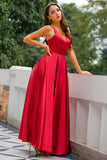 Simple Burgundy Long V-Neck Satin Dress
