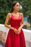 Simple Burgundy Long V-Neck Satin Dress