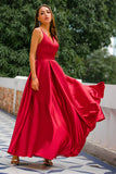 Simple Burgundy Long V-Neck Satin Dress