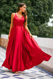 Simple Burgundy Long V-Neck Satin Dress