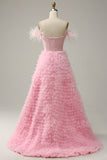 A Line Off the Shoulder Pink Corset Ball Dress with Ruffled Feathers