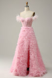 A Line Off the Shoulder Pink Corset Ball Dress with Ruffled Feathers