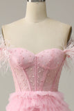 A Line Off the Shoulder Pink Corset Ball Dress with Ruffled Feathers