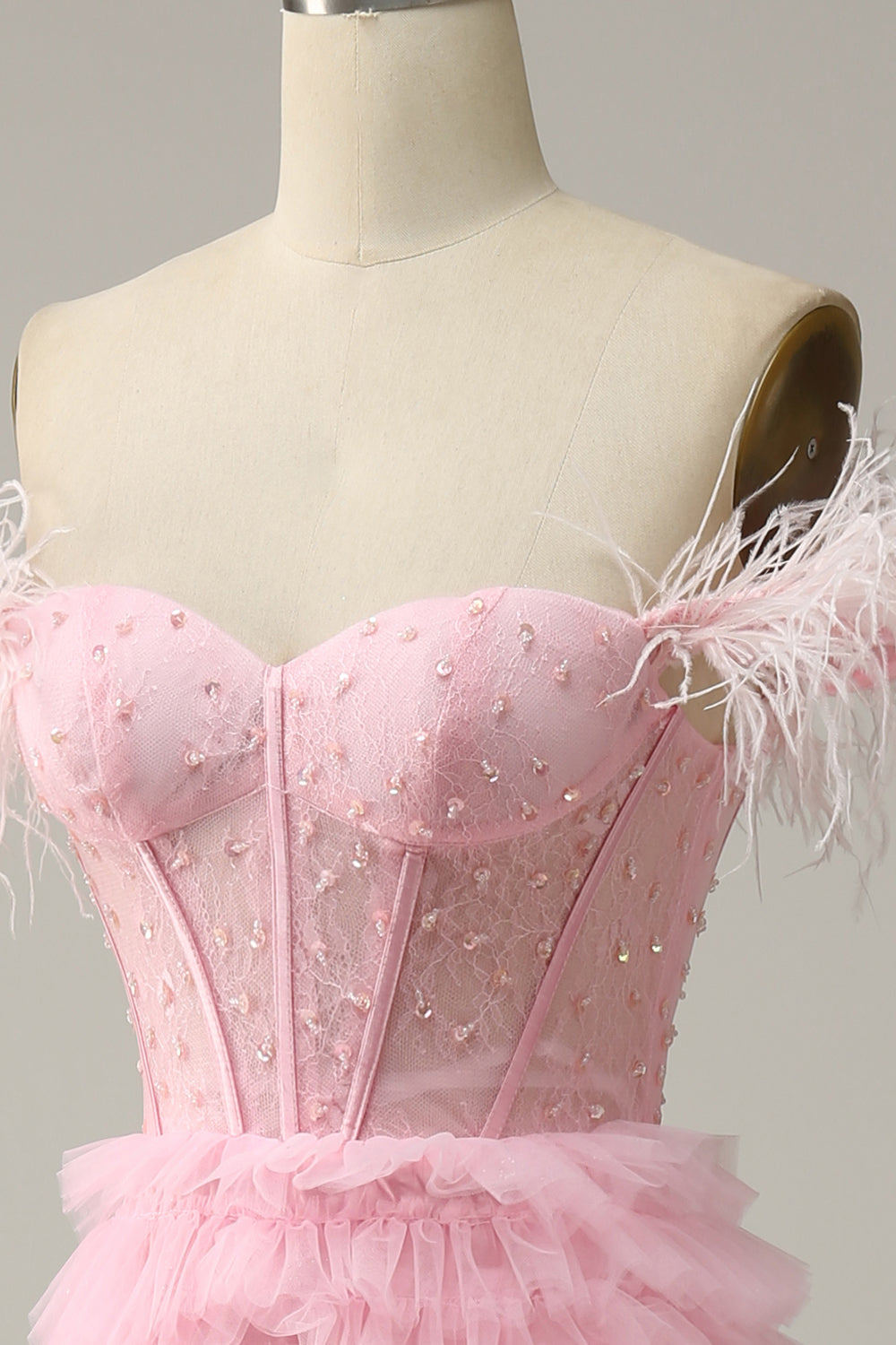 A Line Off the Shoulder Pink Corset Ball Dress with Ruffled Feathers