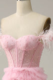 A Line Off the Shoulder Pink Corset Ball Dress with Ruffled Feathers