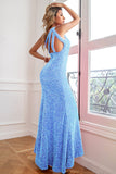 Light Blue One Shoulder Sequins Ball Dress