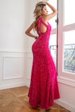 Fuchsia Sequin Long Ball Dress with Slit