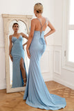 Light Blue Mermaid Long Ball Dress with Beading