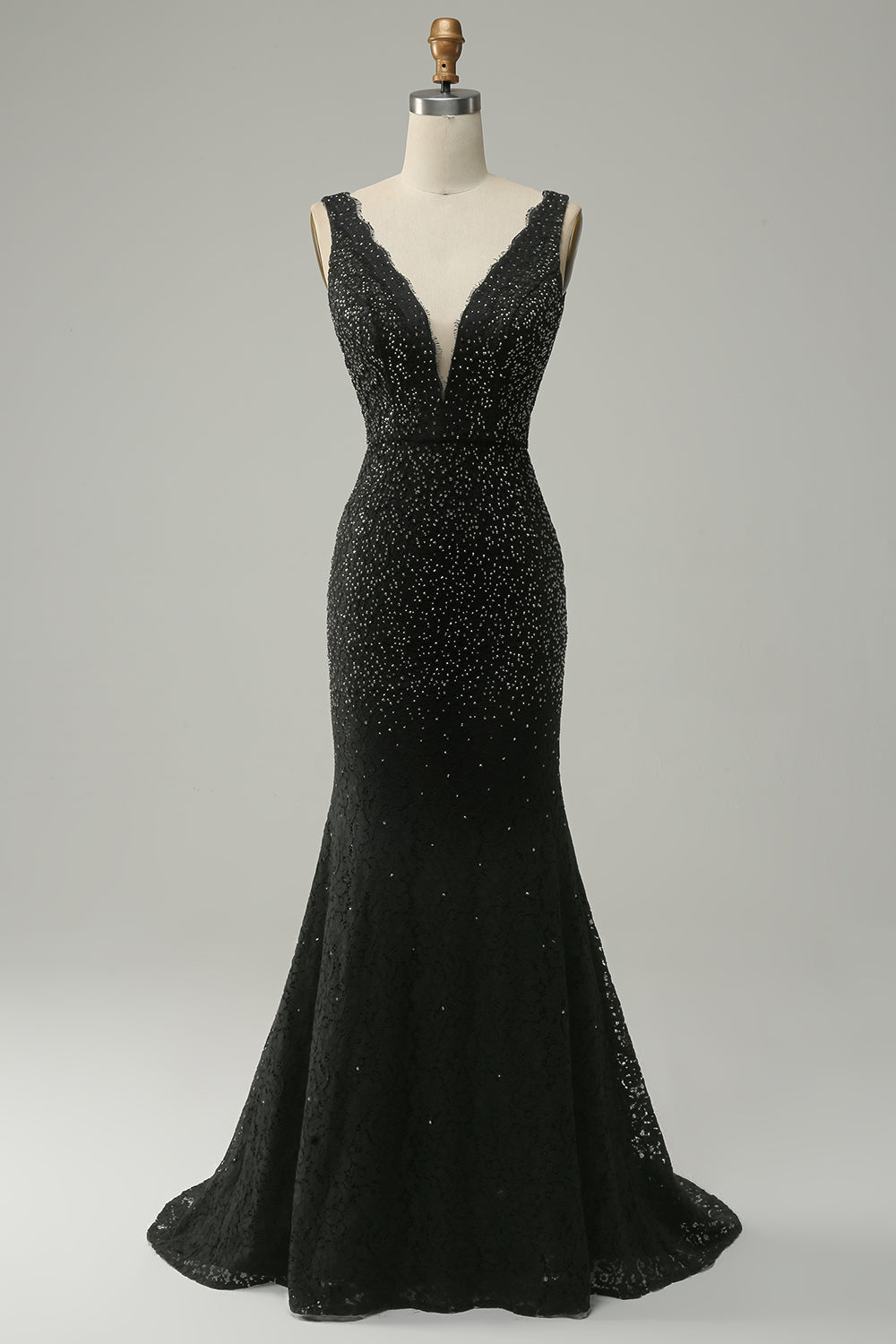 Mermaid Deep V Neck Black Lace Long Ball Dress with Beading