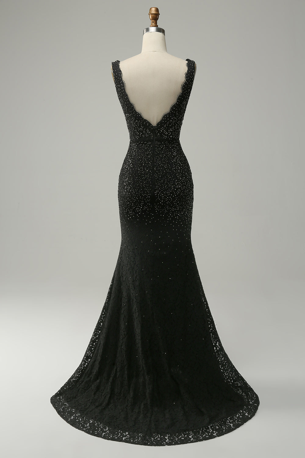 Mermaid Deep V Neck Black Lace Long Ball Dress with Beading