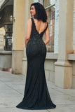 Sparkly Mermaid Deep V Neck Black Lace Long Ball Dress with Beading