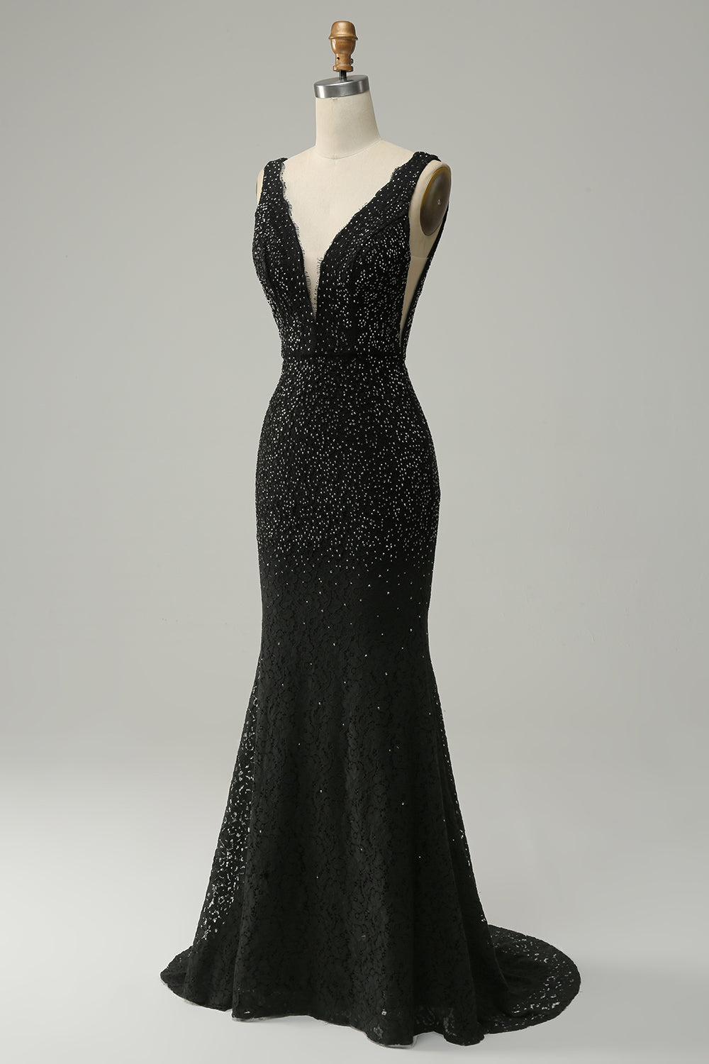 Mermaid Deep V Neck Black Lace Long Ball Dress with Beading
